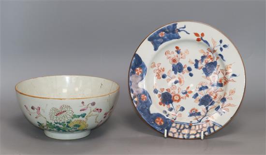 An 18th century Chinese famille rose bowl and an Imari plate and a wood stand plate diameter 22cm